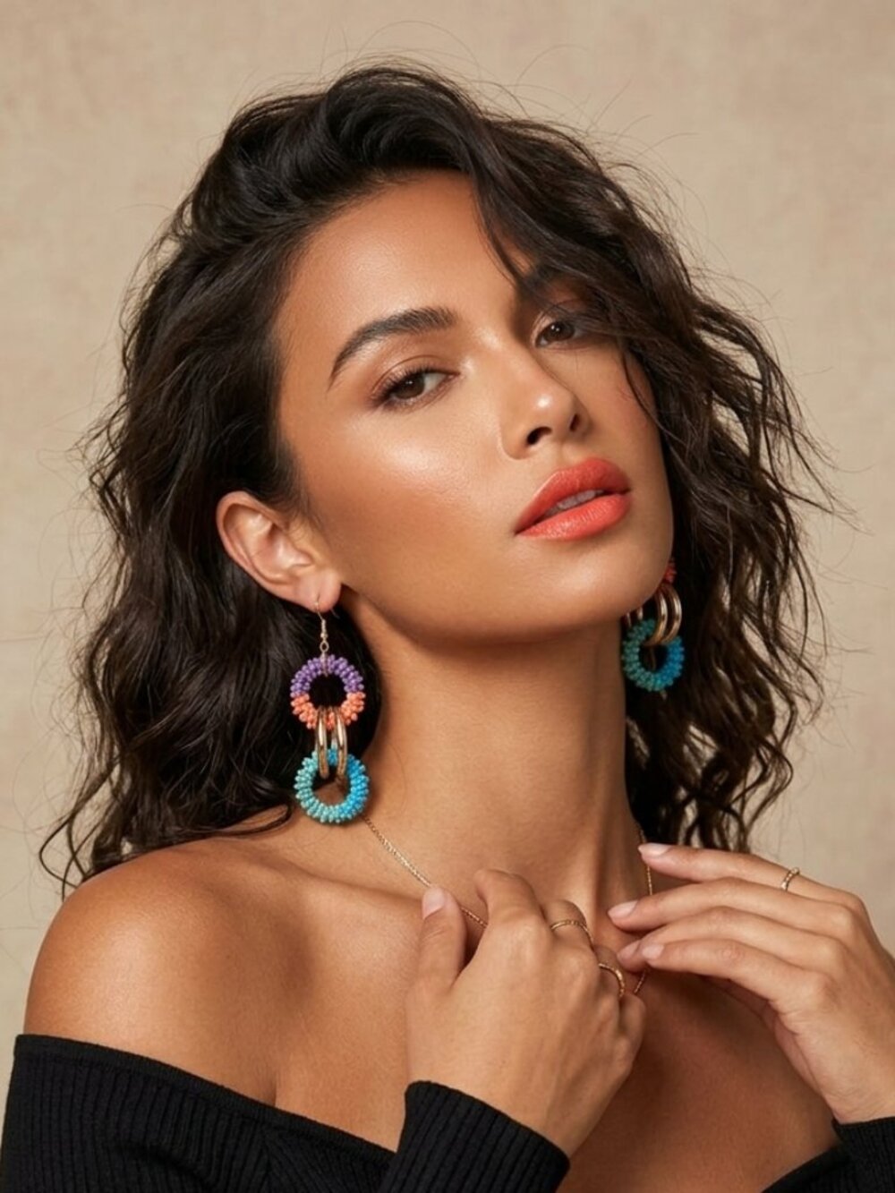 Colorful Beaded Multi-Hoop Drop Earrings - Picture 3 of 6